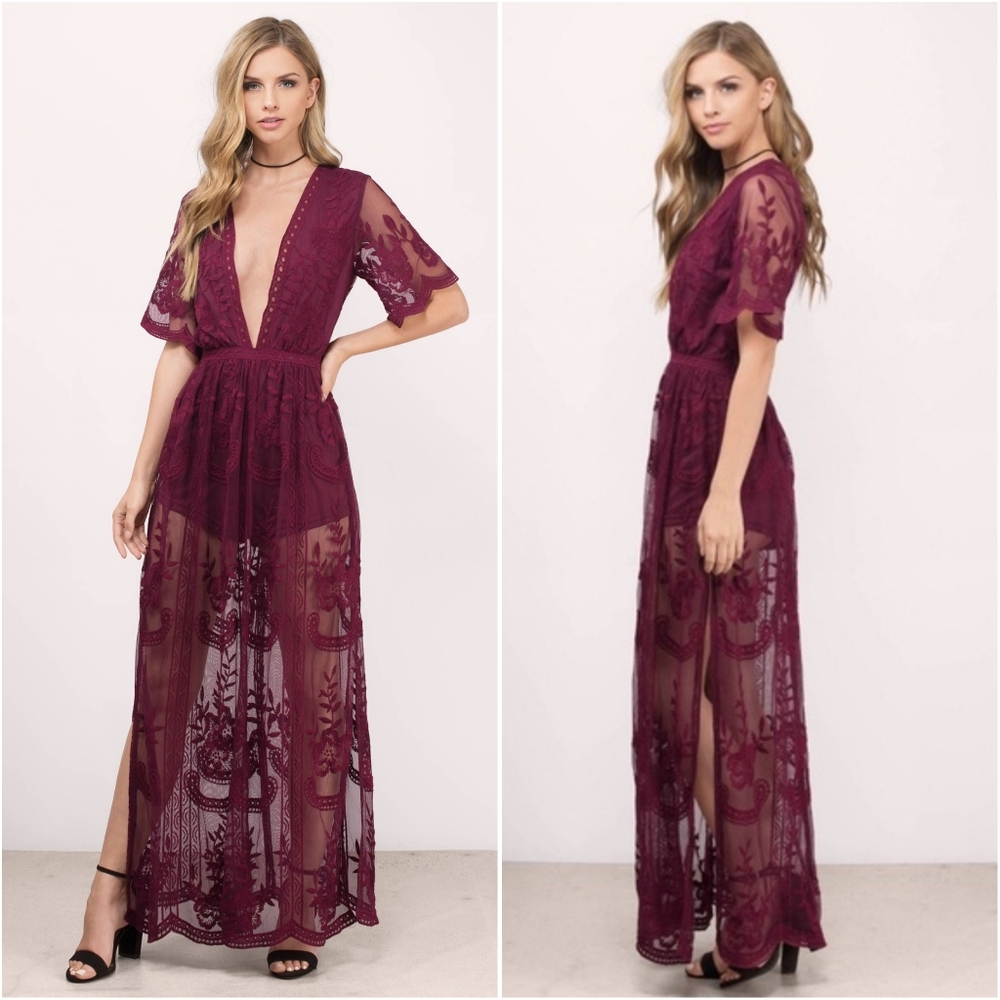 Aqua Boho Wine Red Overlay Double Slit Maxi Romper